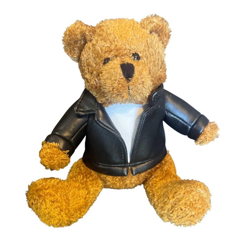 Vintage 2001 GAC Biker Teddy Bear Plush Black Faux Leather Jacket Brown 6.5"
